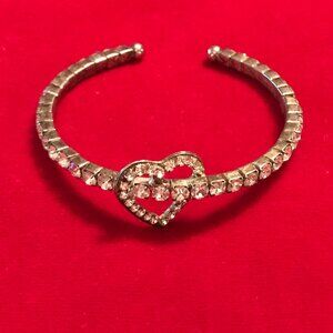 Vintage Silver Rhinestone Open Heart Cuff Bracelet